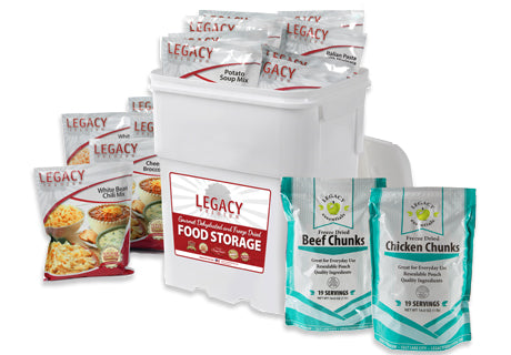 Legacy Food Storage 158 Serving Entrée Meat Combo Bucket with included entree and meat pouches contents