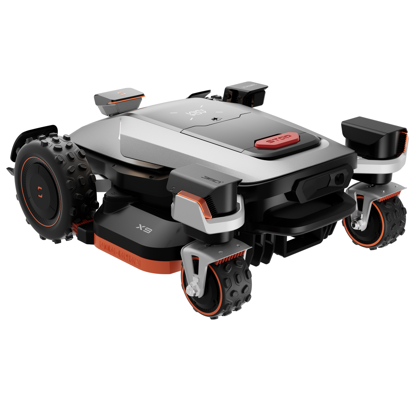 Sunseeker X9+ robot lawn mower, rear left 45-degree view