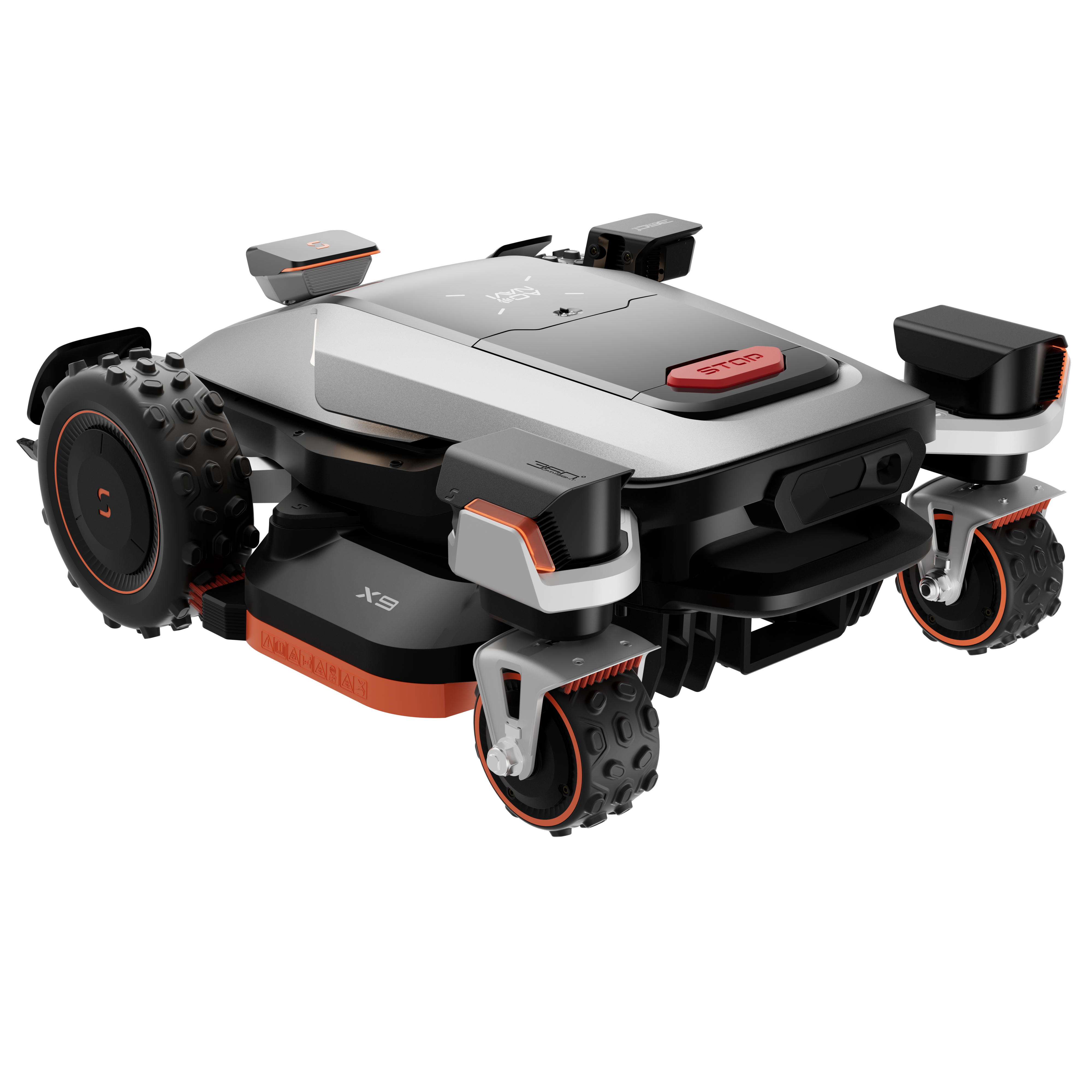 Sunseeker X9+ robot lawn mower, rear left 45-degree view