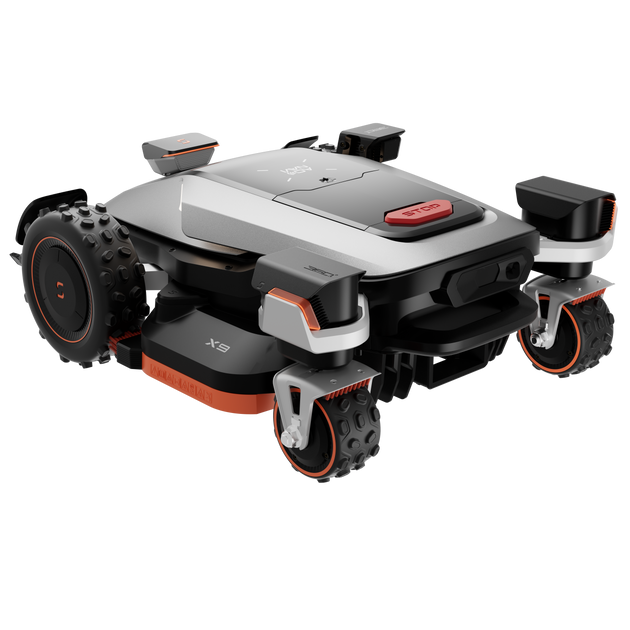 Sunseeker X9+ robot lawn mower, rear left 45-degree view