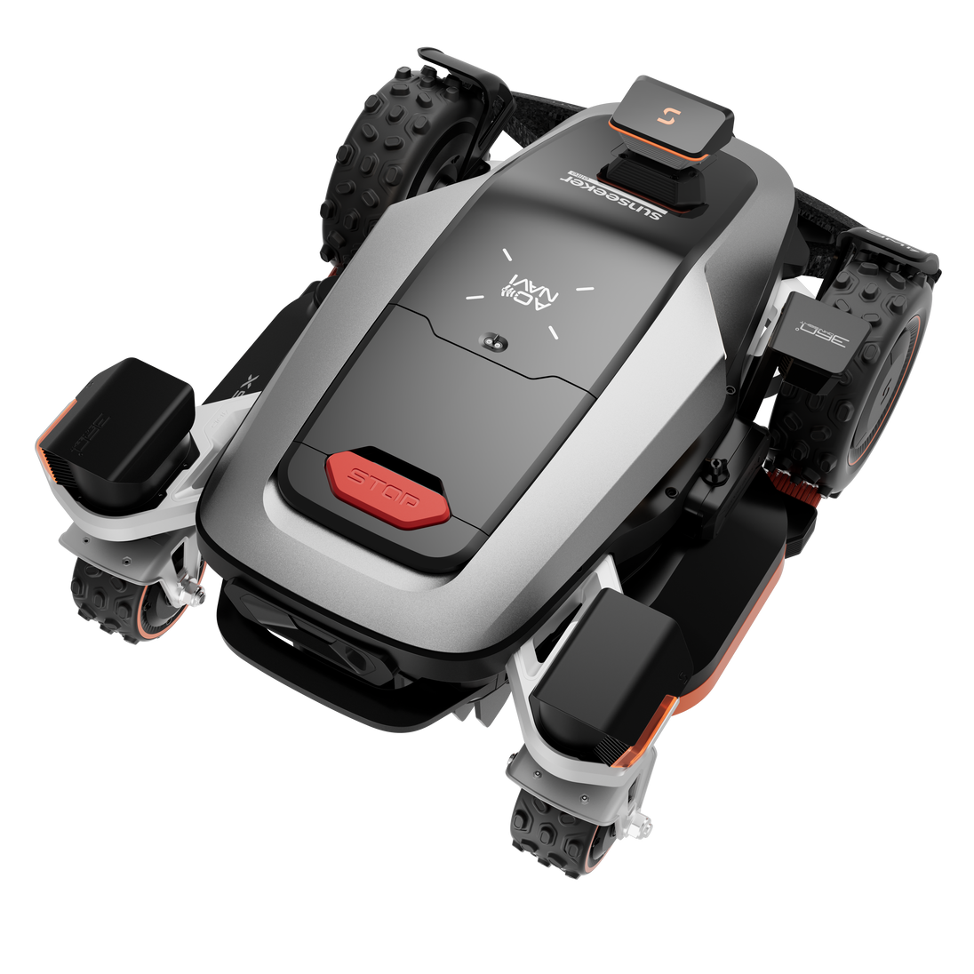 Sunseeker X9 robot lawn mower, top rear three-quarter view