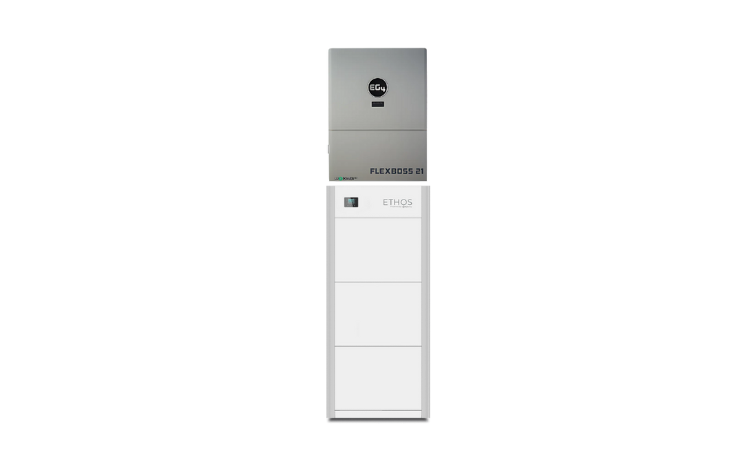EG4 FlexBOSS21 hybrid inverter with ETHOS batteries, alternate view