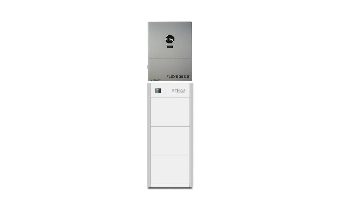 EG4 FlexBOSS21 hybrid inverter with ETHOS batteries, alternate view