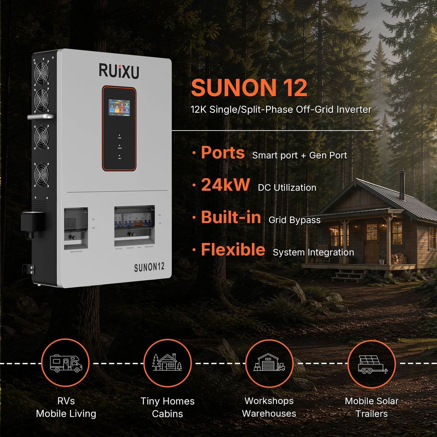 RUiXU SUNON12 off-grid inverter installed in a solar energy storage system