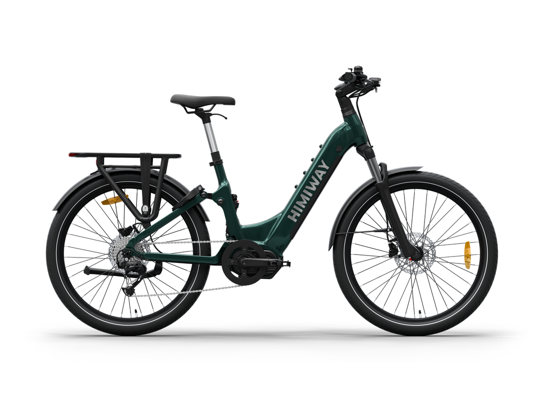 Himiway A7 Pro mid-drive step-thru e-bike in Emerald Green, side view