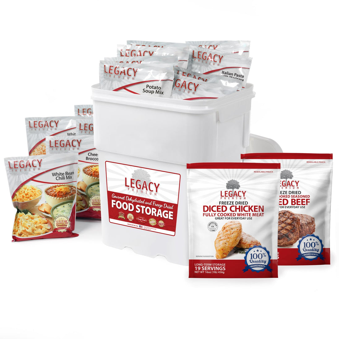 Legacy Food Storage 158 Serving Entrée Meat Combo Bucket with serving pouches displayed around the bucket