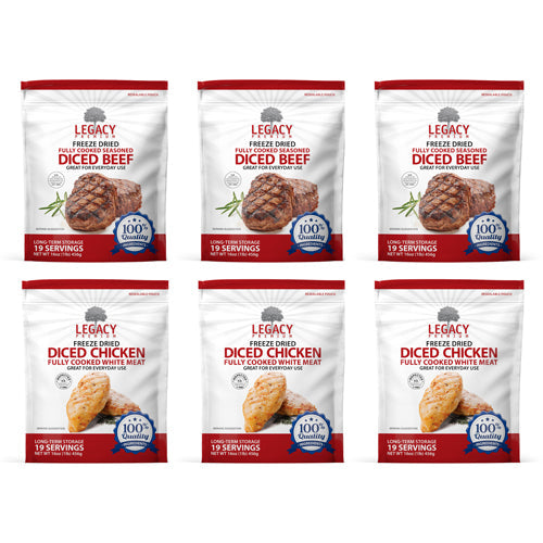 Legacy Food Storage Freeze-Dried Diced Meat Variety 6 pack - Beef & Chicken assorted meat pouches packaging
