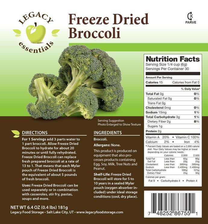 Legacy Food Storage 30 Serving Freeze Dried Broccoli Pouch - 6 pack freeze dried broccoli contents