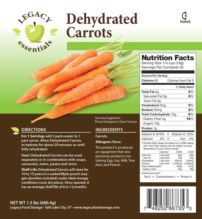 Legacy Food Storage 35 Serving Dehydrated Carrots Pouch - 6 pack pouch label detail with ingredients