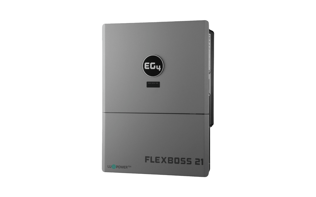 EG4 FlexBOSS21 hybrid solar inverter, left tilt view