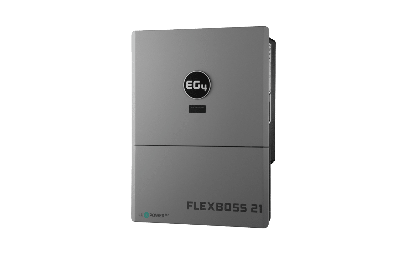EG4 FlexBOSS21 hybrid solar inverter, left tilt view