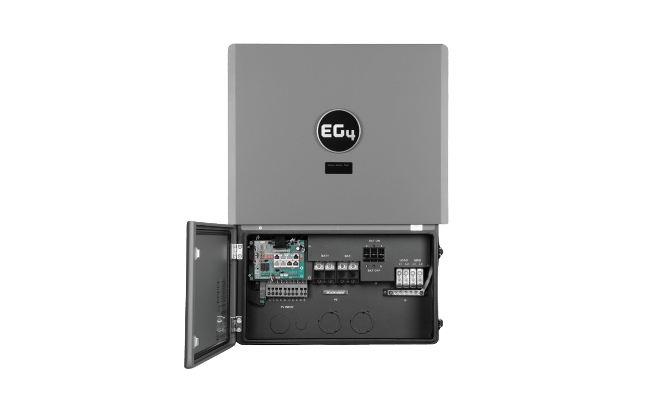 EG4 FlexBOSS21 hybrid solar inverter with wiring compartment open