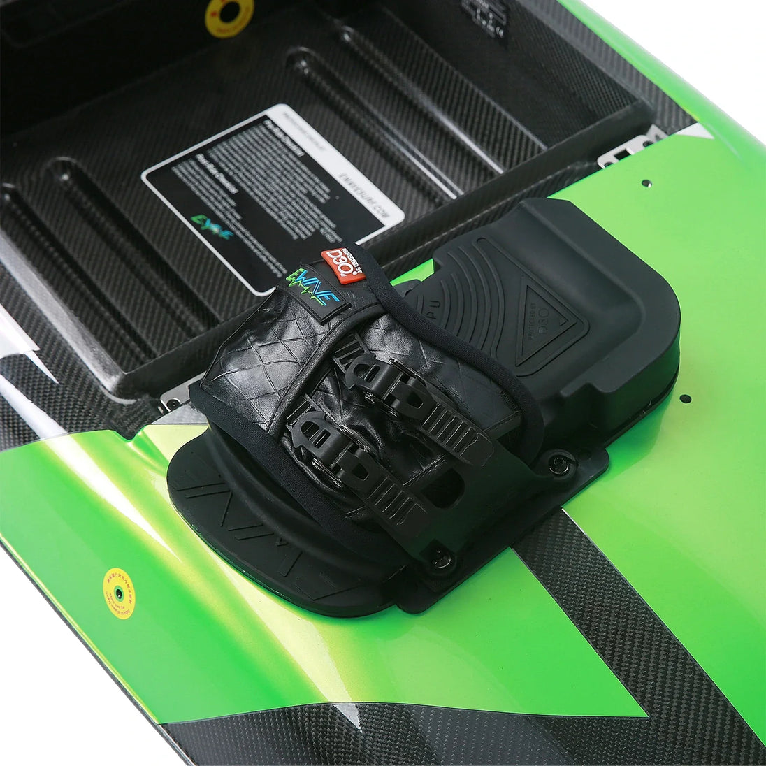 EWAVE V2-6000 electric surfboard deck showing the battery bay and foot strap