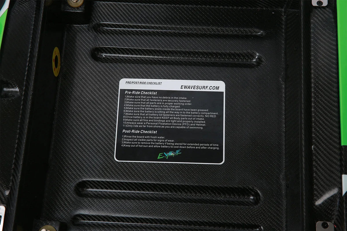 EWAVE V2-6000 electric jetboard battery bay with instruction label