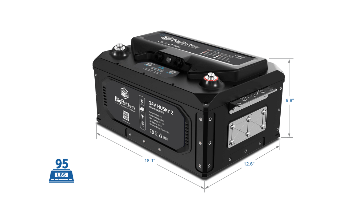 BigBattery 24V HUSKY 2 INV lithium battery, right side with dimensions