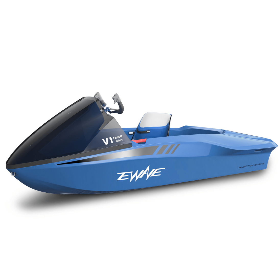 Blue EWAVE Formula Future electric personal watercraft, front three-quarter view