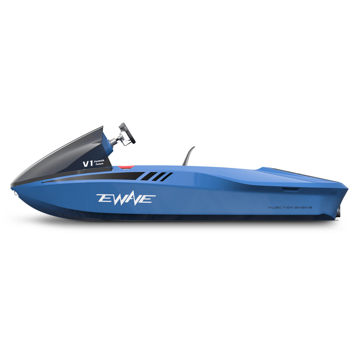 EWAVE Formula Future EWE1 electric jet boat in blue, side view