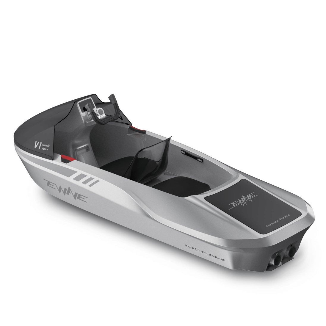 EWAVE Formula Future electric jet boat in silver, top view of the single-seat cockpit