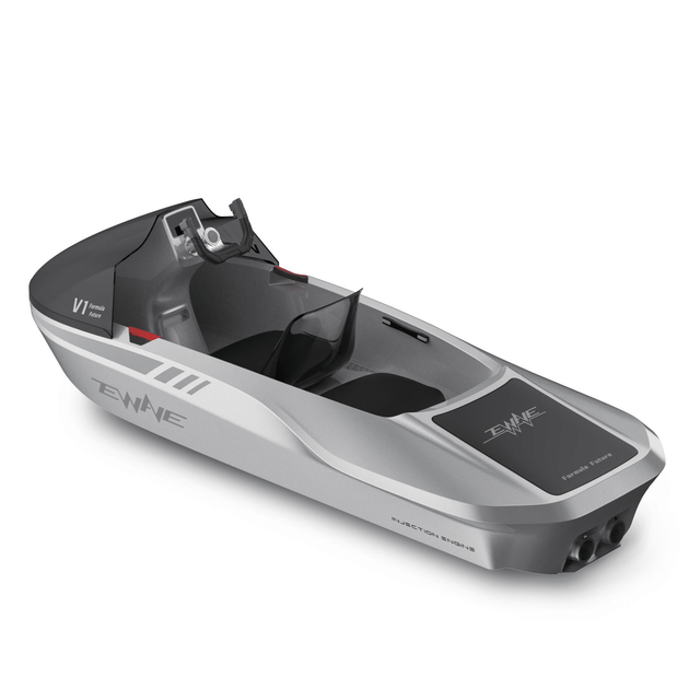 EWAVE Formula Future electric jet boat in silver, top view of the single-seat cockpit