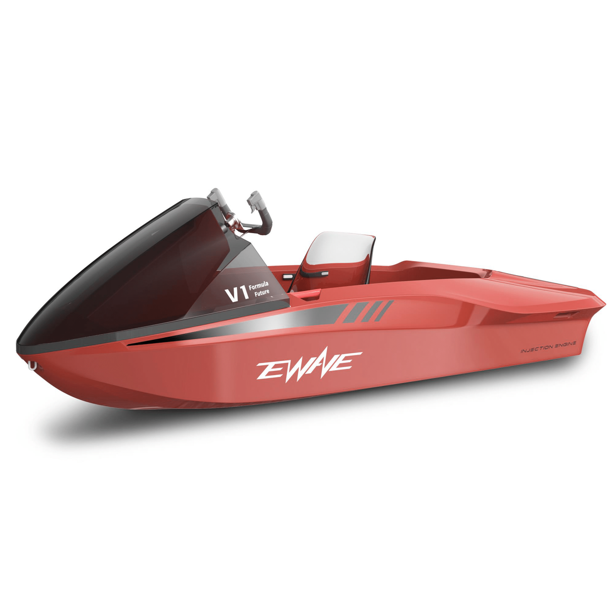 EWAVE Formula Future electric jet boat in red, front three-quarter view