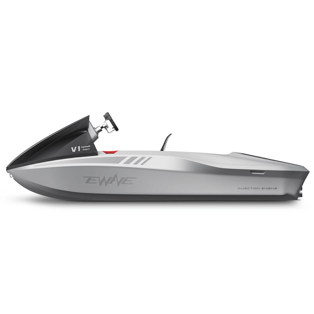 Silver EWAVE Formula Future electric jet boat, profile showing the HDPE hull and windscreen