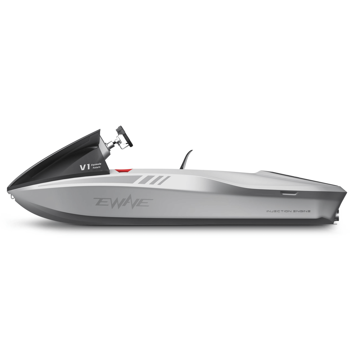 Silver EWAVE Formula Future electric jet boat, profile showing the HDPE hull and windscreen