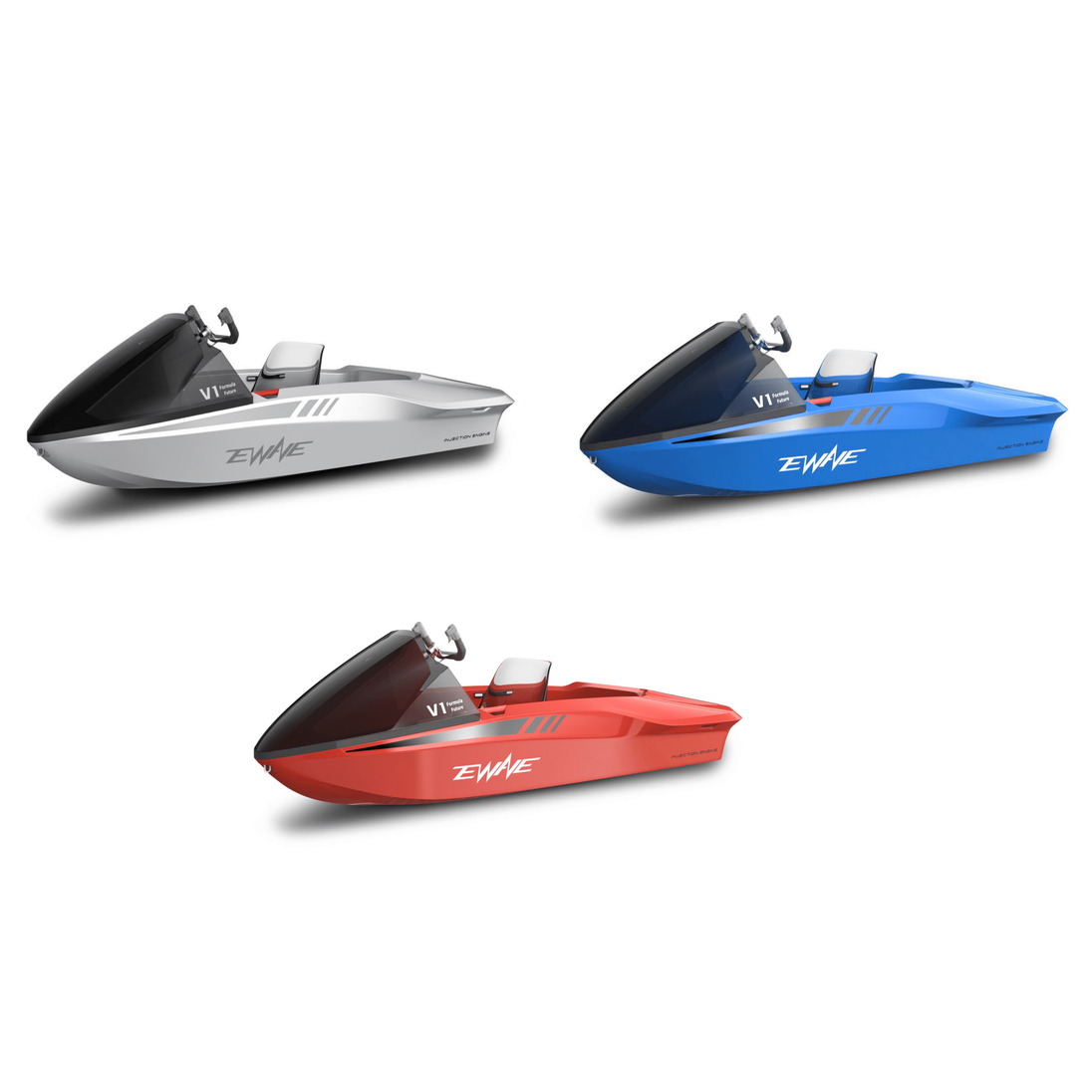 EWAVE Formula Future electric jet boats in silver, blue and red