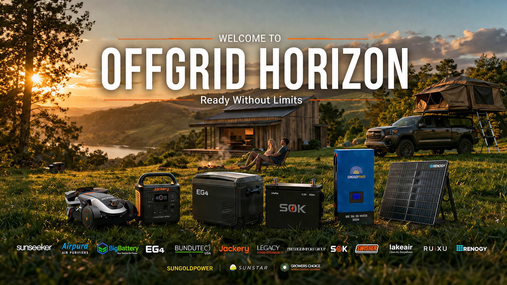 OffGrid Horizon — Ready Without Limits. Solar generators, lithium batteries, inverters, solar panels, robot mower and rooftop tent at an off-grid homestead.