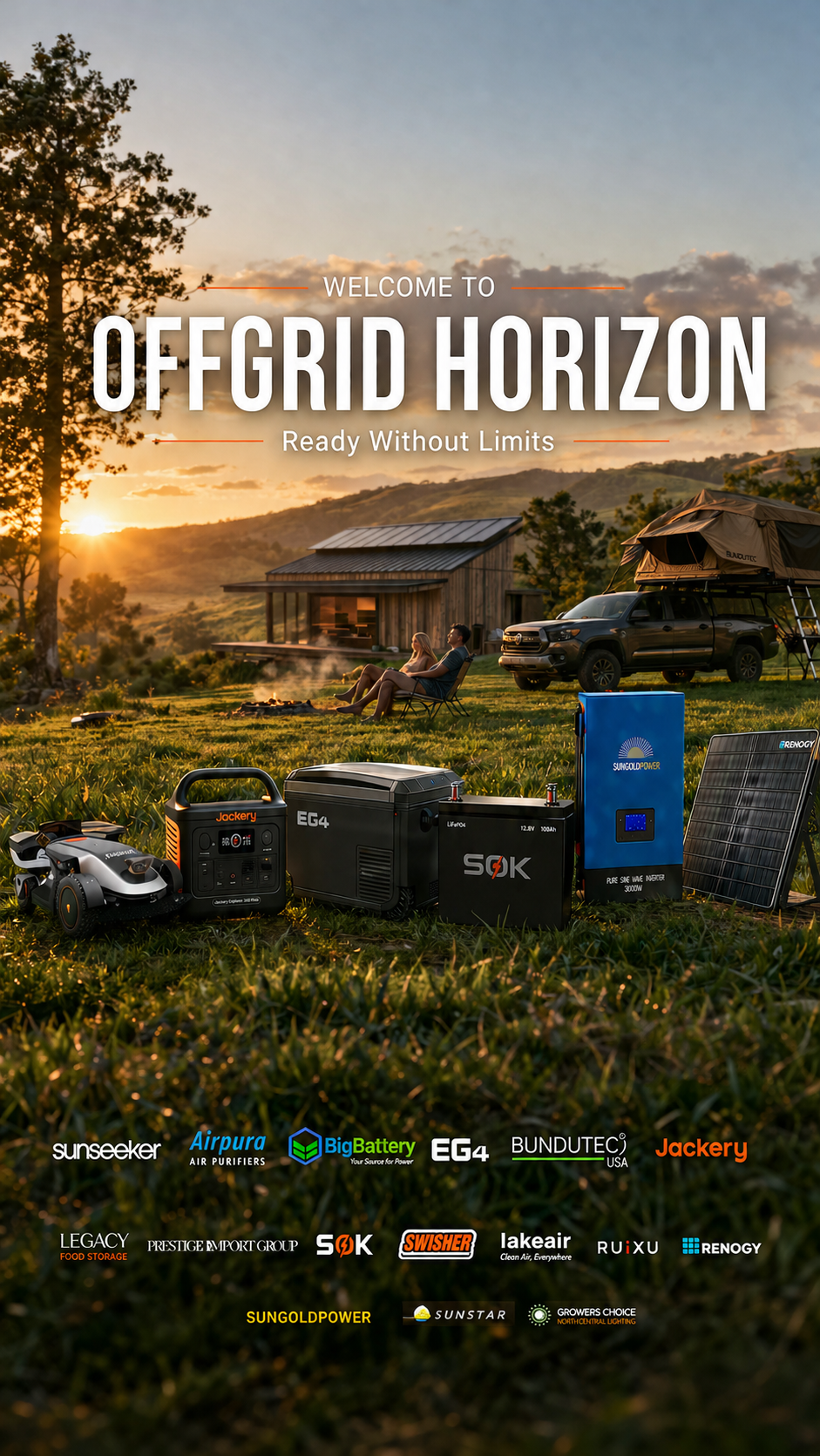 OffGrid Horizon — Ready Without Limits. Solar generators, lithium batteries, inverters, solar panels, robot mower and rooftop tent at an off-grid homestead.