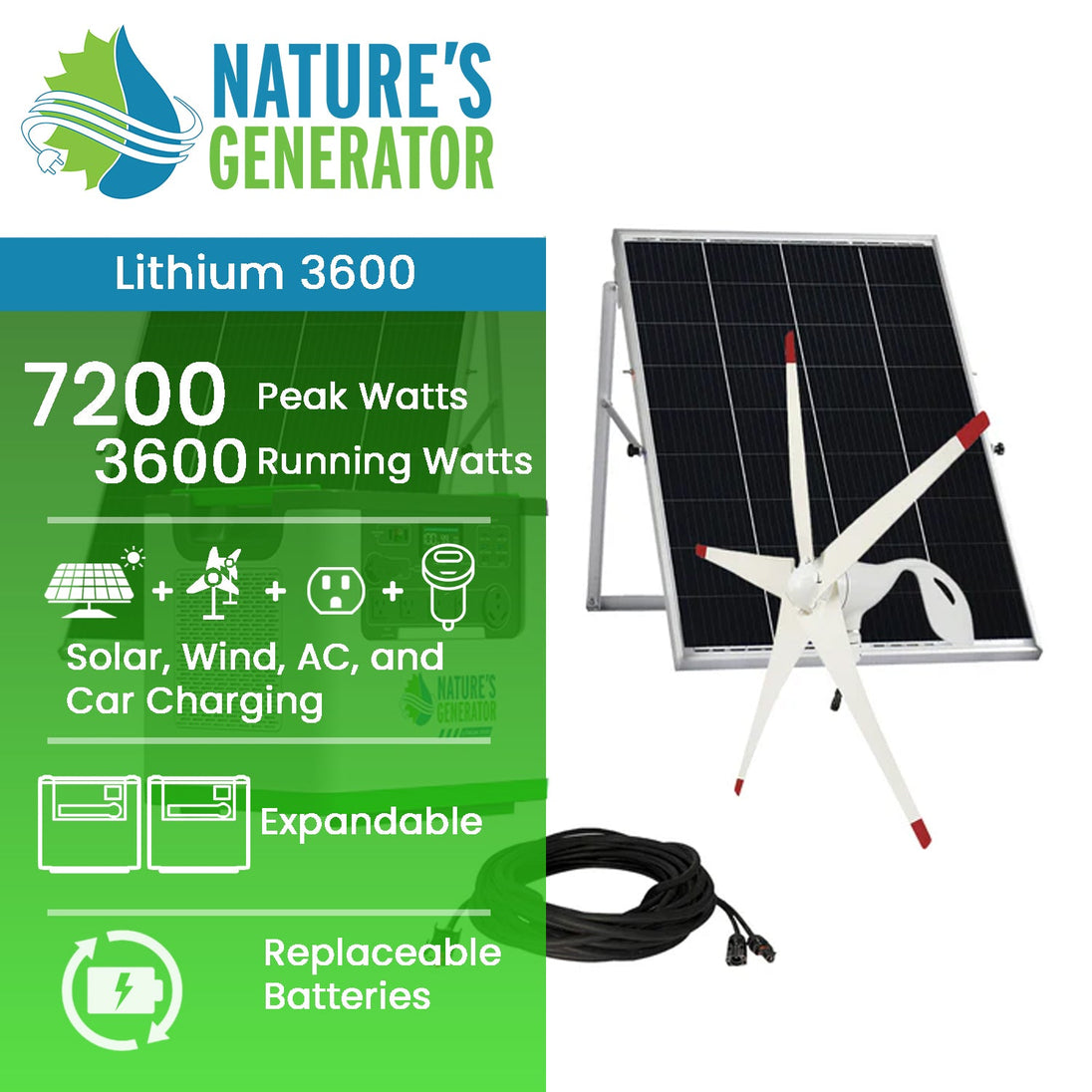 L3600 with solar panels and wind turbine in use