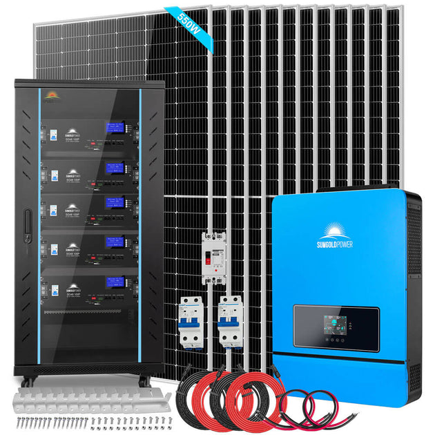 Sungold Power SGR-10K25S off-grid solar kit: 12 x 550W panels, 5 x SG48100P batteries in enclosed cabinet, 10kW split-phase inverter, breakers and cabling