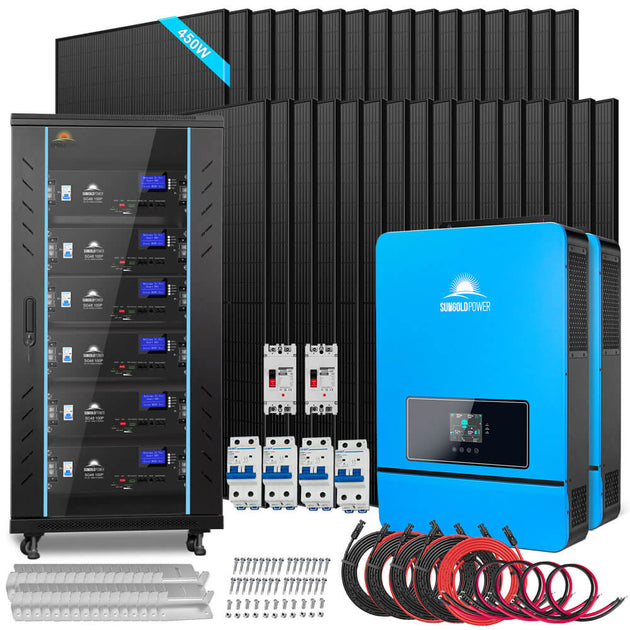 Sungold Power SGR-20K30T off-grid solar kit, 20kW with 30.72kWh self-heating LiFePO4 battery and 32 x 450W bifacial panels