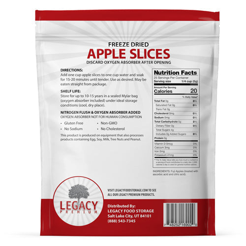 Legacy Food Storage 25 Serving Freeze-Dried Apple Slices Pouch - 6 pack pouch back packaging with preparation info