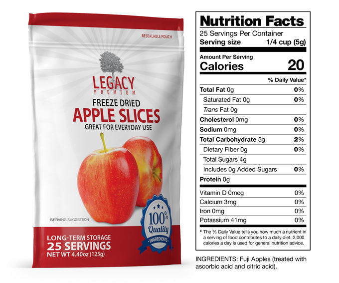 Legacy Food Storage Legacy Essentials Assorted Freeze-Dried Fruit apple slices nutrition facts label