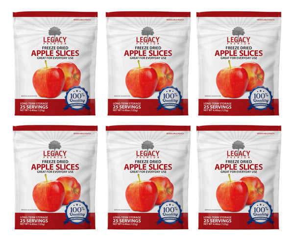 Legacy Food Storage 25 Serving Freeze-Dried Apple Slices Pouch - 6 pack showing all six pouches together