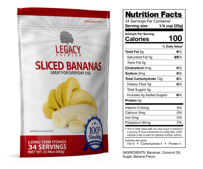 Legacy Food Storage Legacy Essentials Assorted Freeze-Dried Fruit banana slices nutrition facts label