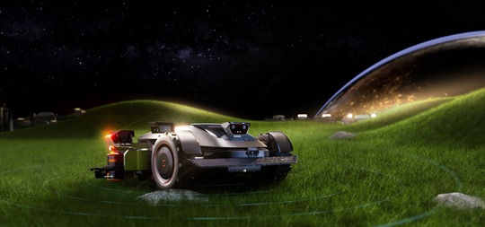 Sunseeker Elite X9+ robot lawn mower on landscaped grounds