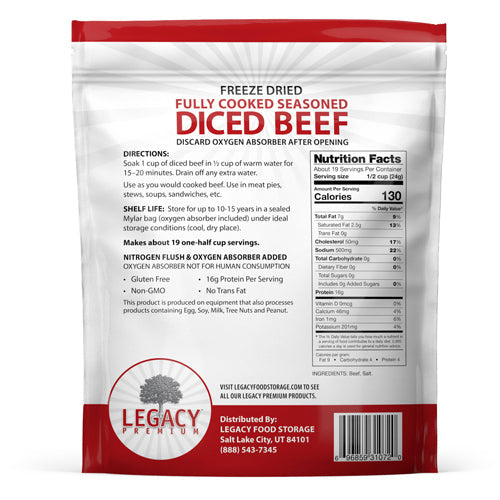 Legacy Food Storage 19 Servings - 1 lb Freeze-Dried Diced Beef - 6 pack pouch back with preparation instructions