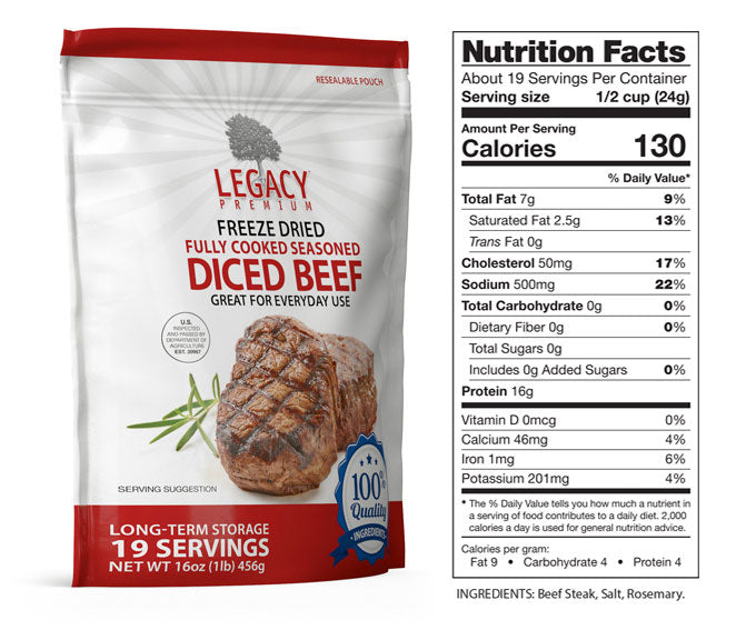 Legacy Food Storage 19 Servings - 1 lb Freeze-Dried Diced Beef - 6 pack nutrition facts label