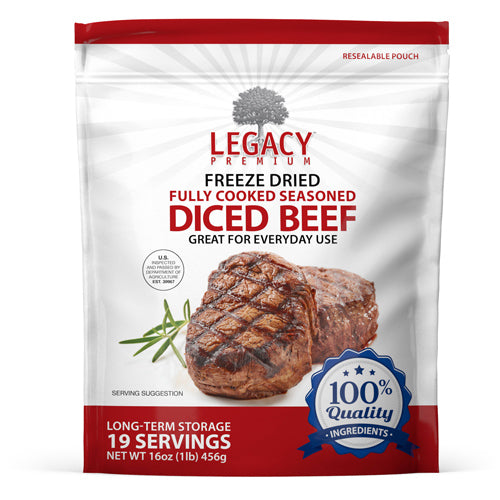 Legacy Food Storage 19 Servings - 1 lb Freeze-Dried Diced Beef - 6 pack pouch packaging front view
