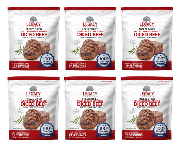 Legacy Food Storage 19 Servings - 1 lb Freeze-Dried Diced Beef - 6 pack showing all six pouches together
