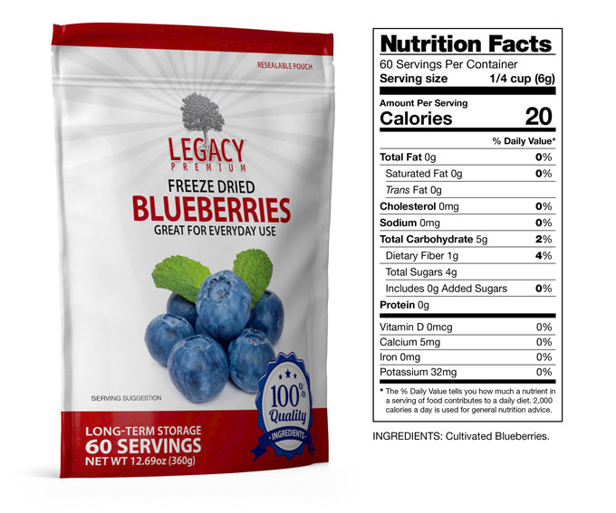 Legacy Food Storage 60 Serving Freeze-Dried Blueberries Pouch - 6 pack nutrition facts label