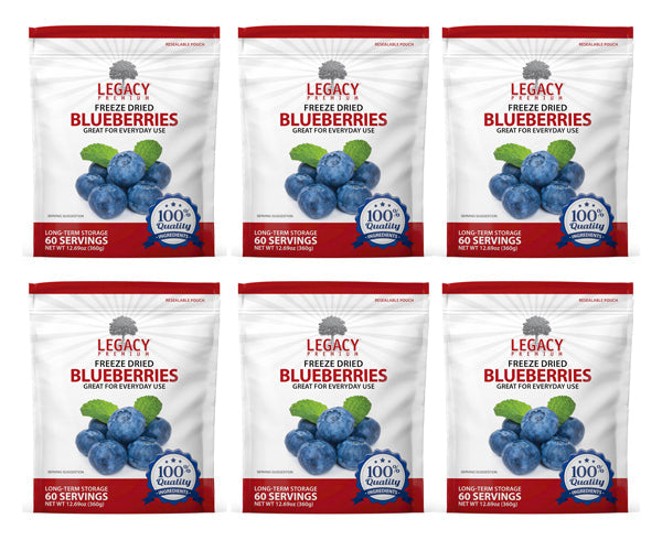 Legacy Food Storage 60 Serving Freeze-Dried Blueberries Pouch - 6 pack showing all six pouches together