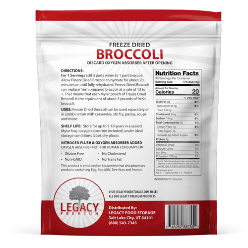 Legacy Food Storage 30 Serving Freeze Dried Broccoli Pouch - 6 pack pouch packaging back view