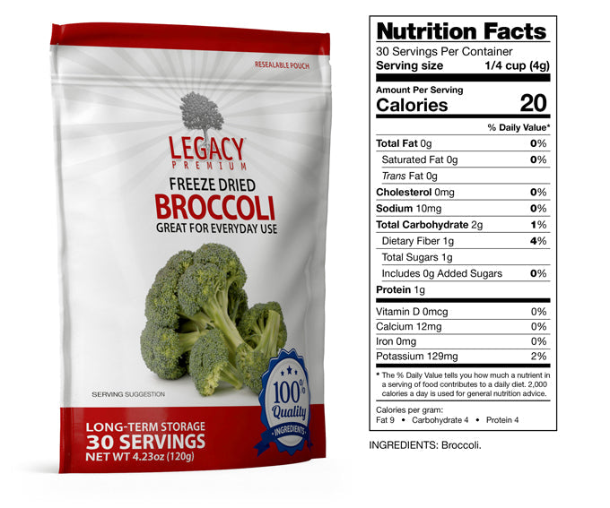 Legacy Food Storage 30 Serving Freeze Dried Broccoli Pouch - 6 pack nutrition facts label