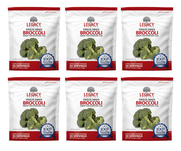 Legacy Food Storage 30 Serving Freeze Dried Broccoli Pouch - 6 pack showing all six pouches