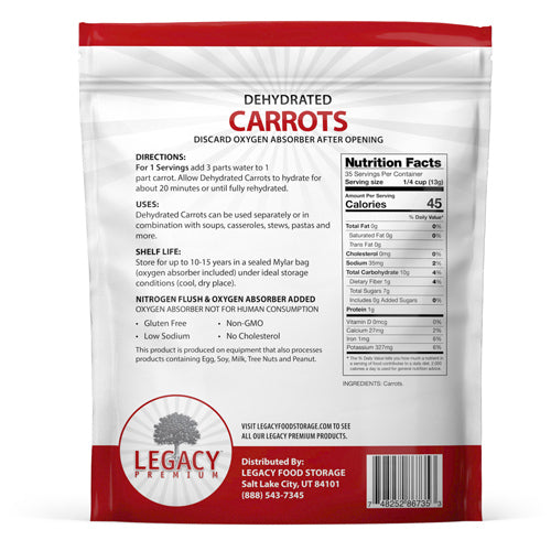 Legacy Food Storage 35 Serving Dehydrated Carrots Pouch - 6 pack pouch packaging back view
