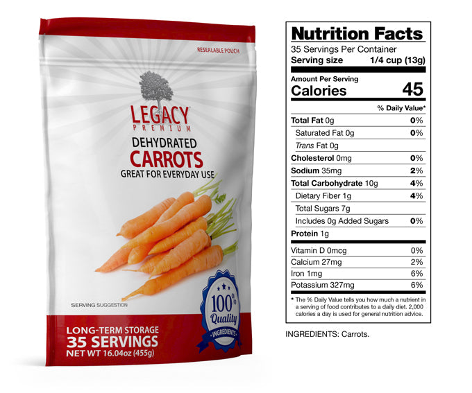 Legacy Food Storage 35 Serving Dehydrated Carrots Pouch - 6 pack nutrition facts label