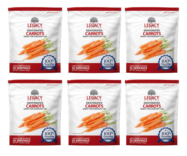 Legacy Food Storage 35 Serving Dehydrated Carrots Pouch - 6 pack showing all six pouches together