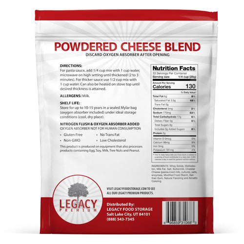 Legacy Food Storage 33 Serving Cheese Blend Powder Pouch - 6 pack pouch packaging, back view